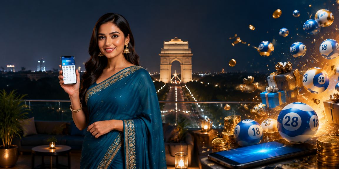 Indian woman participating in online lottery with festive excitement in Delhi vicinity