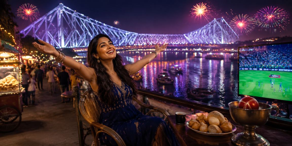Howrah Bridge illuminated at night near cricket betting market